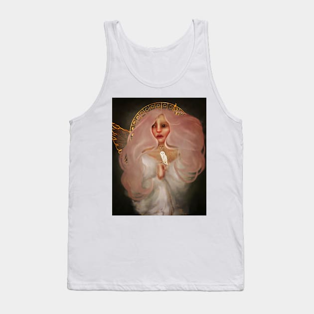 The Spirit: A Beautiful Young Girl Guardian Angel With Long Pink Hair Holds a Barn Owl With Gold Foil Wings Tank Top by penandbea